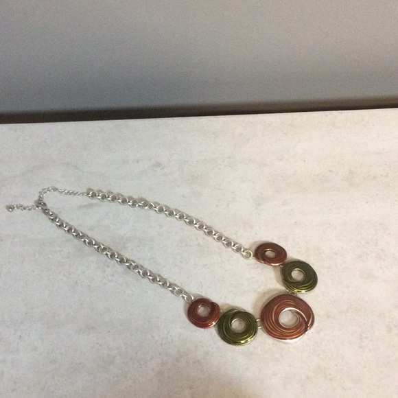 10” Silver with enamel round rust/olive swirls necklace - Picture 1 of 7